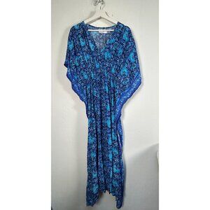 Rujuta Sheth Womens Blue Floral V-Neck Maxi Kaftan Dress M/L Pullover Casual